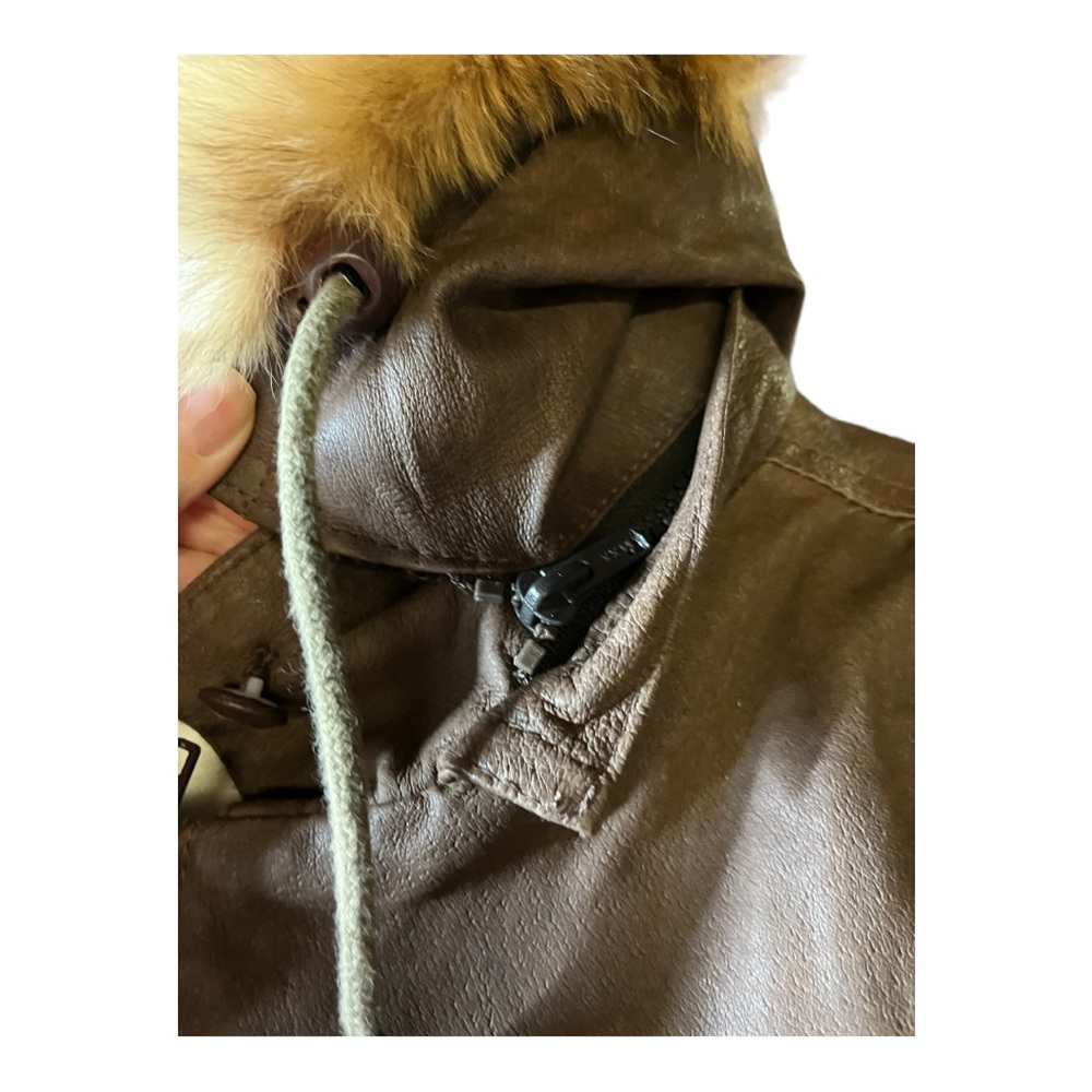 Wild Cats Pelsnoer Denmark Women Brown Leather Plaid Lining Hooded Jacket Coat L - Picture 6 of 16